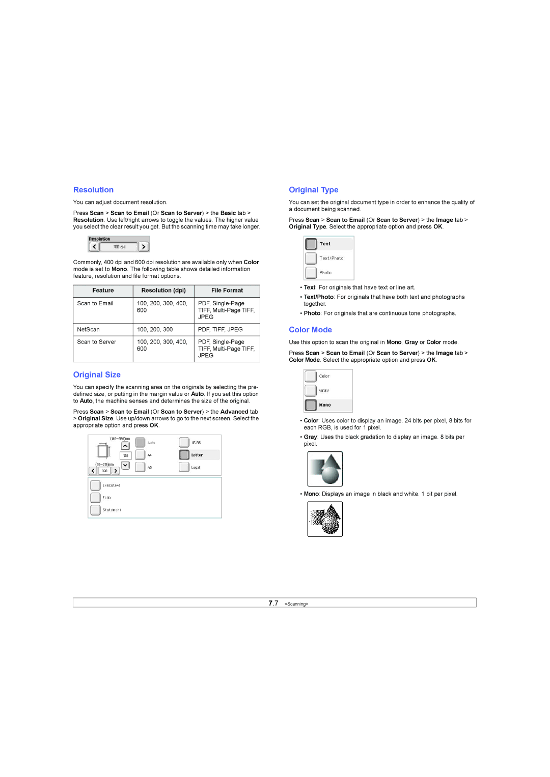 Samsung SCX-6X45 manual Original Size, Feature Resolution dpi File Format 