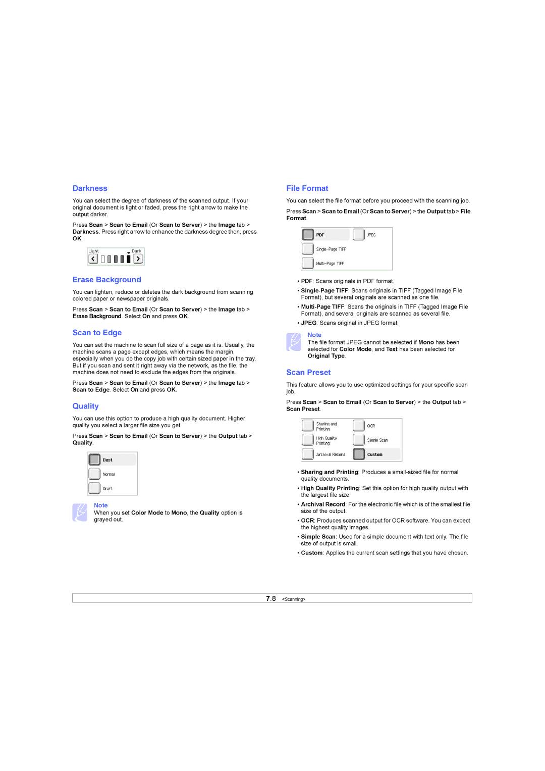 Samsung SCX-6X45 manual Scan to Edge, Quality, File Format, Scan Preset 