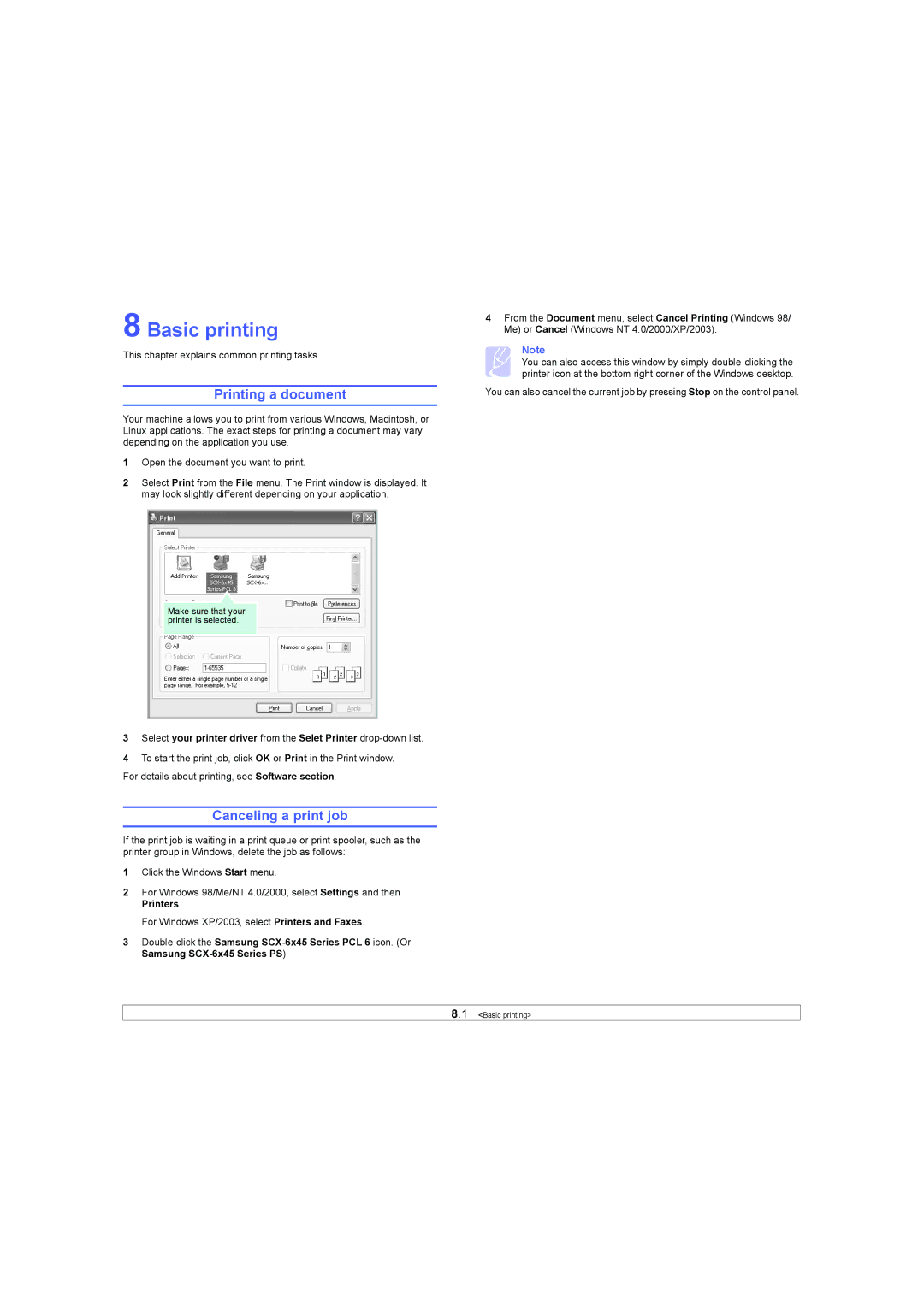 Samsung SCX-6X45 manual Basic printing, Printing a document, Canceling a print job 