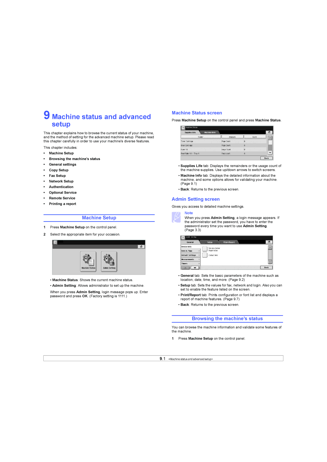 Samsung SCX-6X45 Machine status and advanced setup, Machine Setup, Browsing the machine’s status, Machine Status screen 