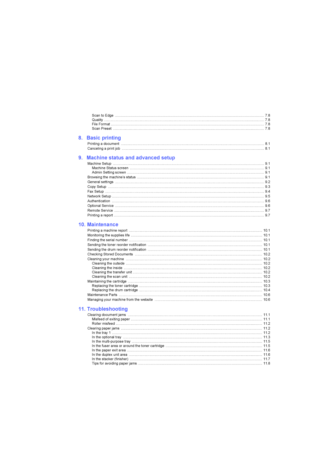 Samsung SCX-6X45 manual Basic printing, Machine status and advanced setup, Maintenance, Troubleshooting 