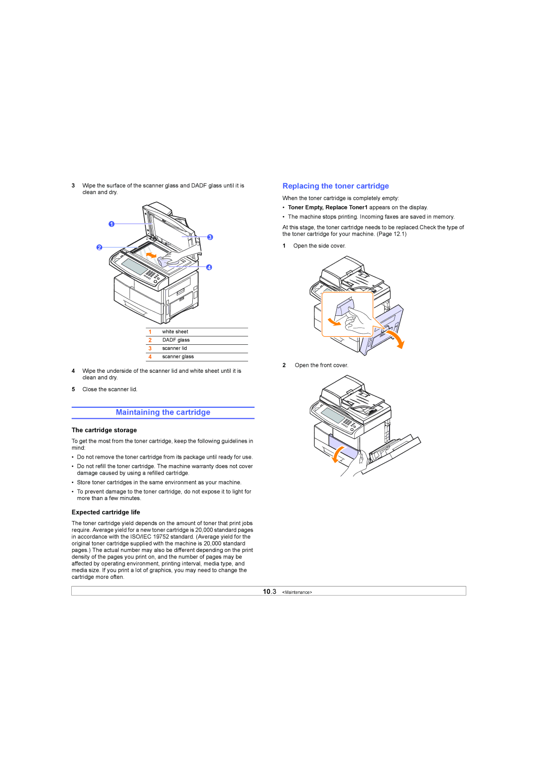 Samsung SCX-6X45 Maintaining the cartridge, Replacing the toner cartridge, Cartridge storage, Expected cartridge life 