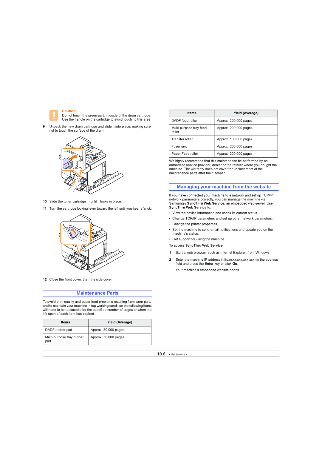 Samsung SCX-6X45 manual Maintenance Parts, Managing your machine from the website, Items Yield Average 