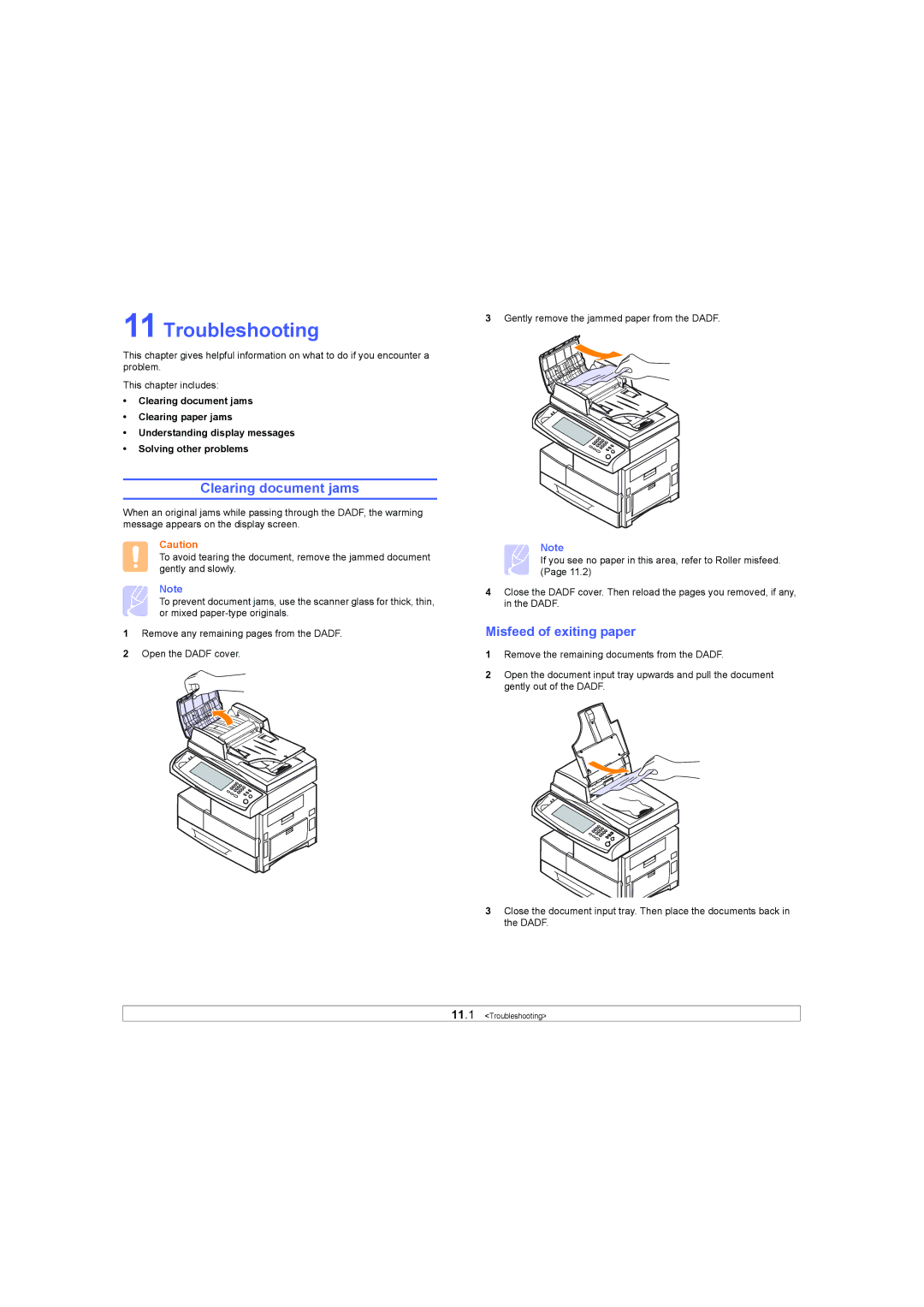 Samsung SCX-6X45 manual Troubleshooting, Clearing document jams, Misfeed of exiting paper 