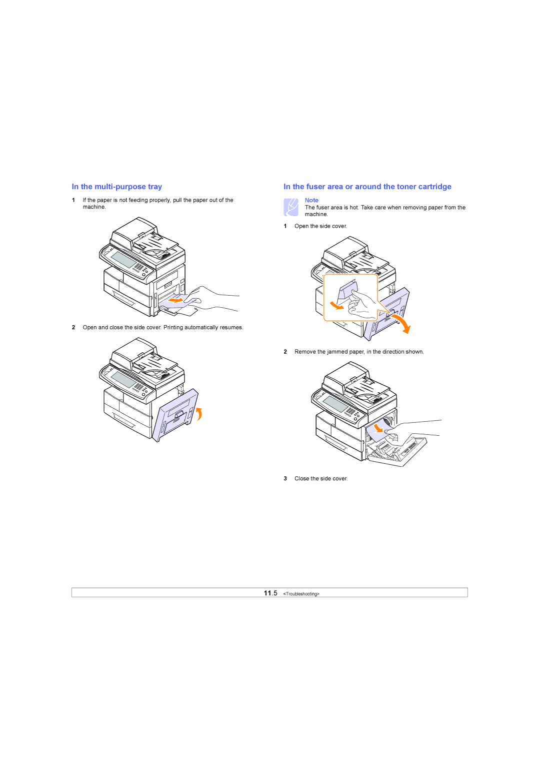 Samsung SCX-6X45 manual Multi-purpose tray, Fuser area or around the toner cartridge 