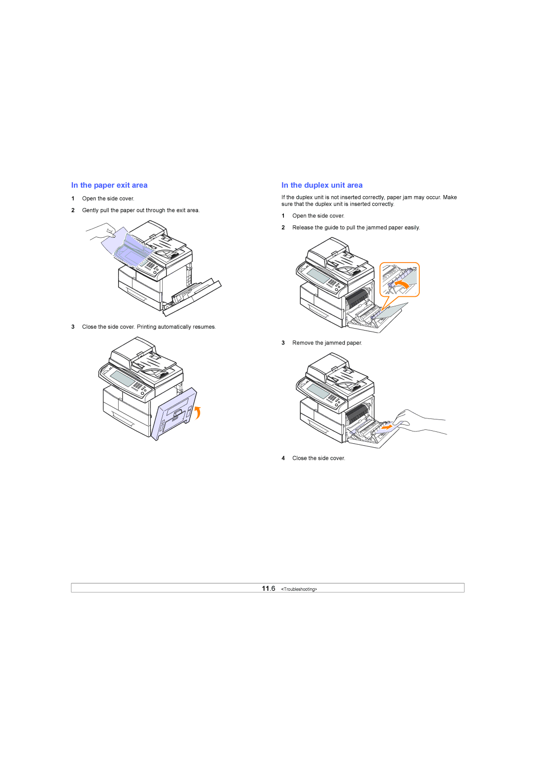 Samsung SCX-6X45 manual Paper exit area, Duplex unit area 