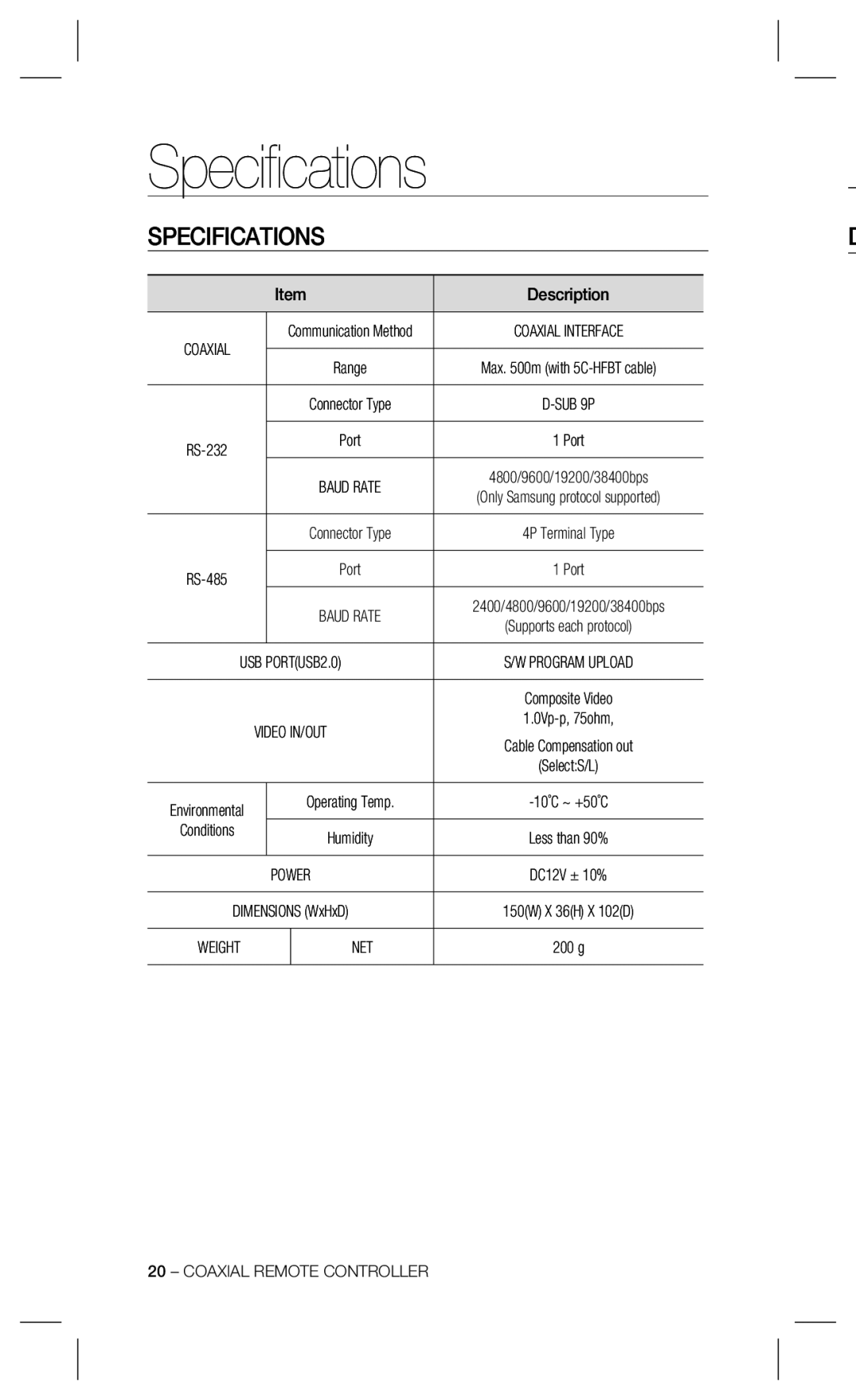 Samsung SCX-RD100 user manual Speciﬁcations, Specifications 