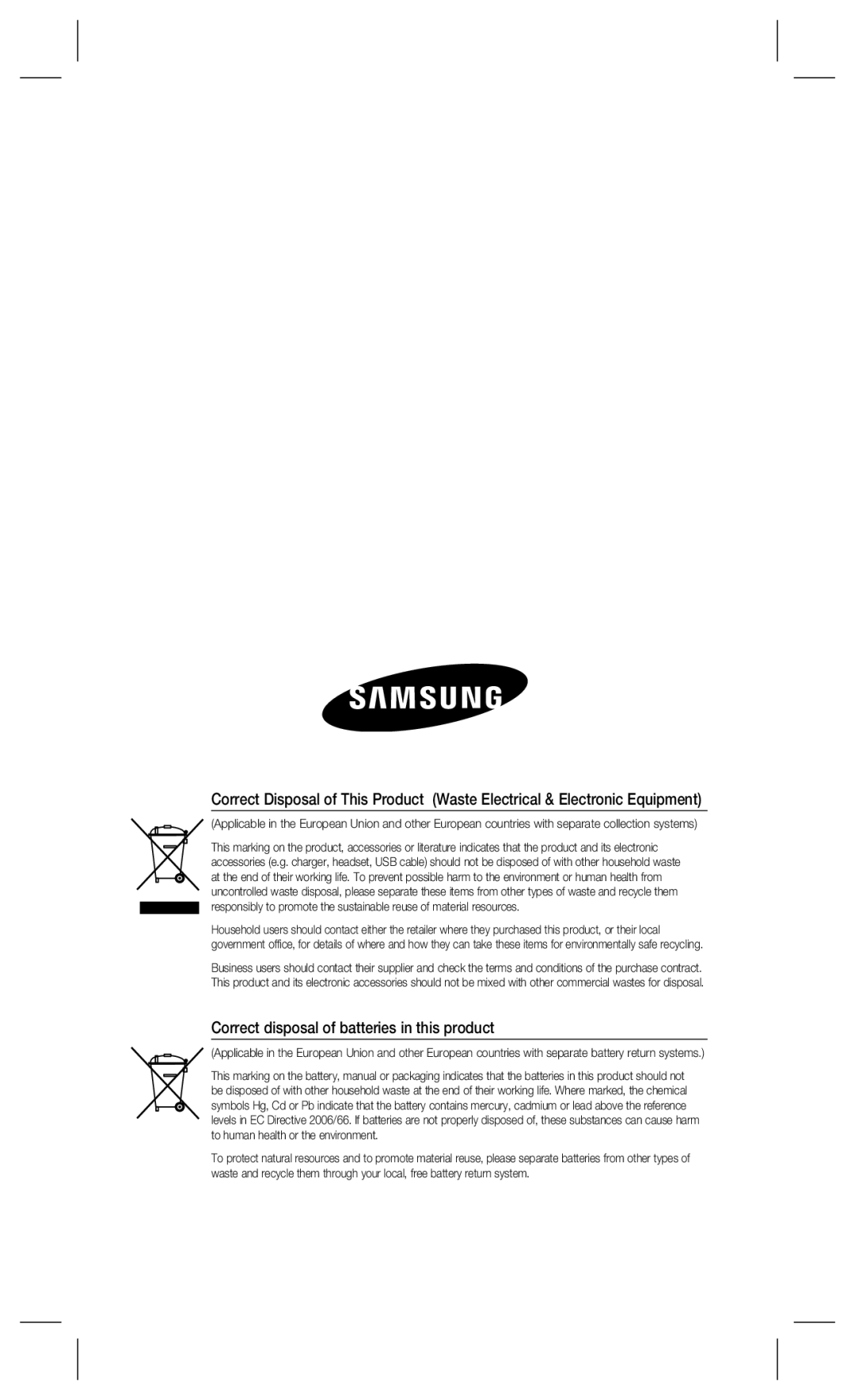 Samsung SCX-RD100 user manual Correct disposal of batteries in this product 