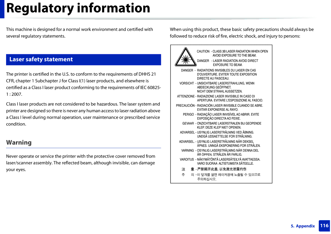 Samsung SCX3405FWXAC, SCX-3405FW manual Regulatory information, Laser safety statement 