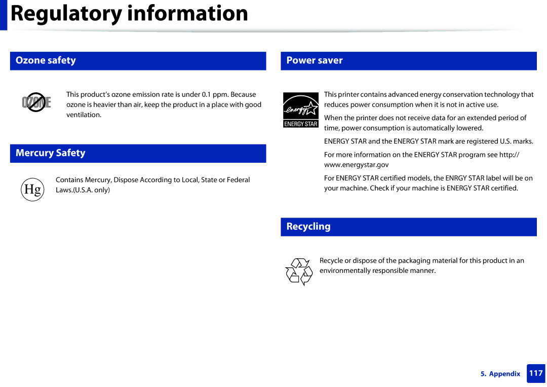 Samsung SCX-3405FW, SCX3405FWXAC manual Ozone safety Power saver, Mercury Safety, Recycling 