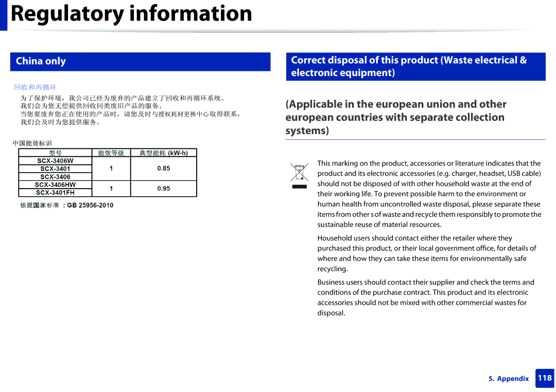 Samsung SCX3405FWXAC, SCX-3405FW manual Regulatory information 