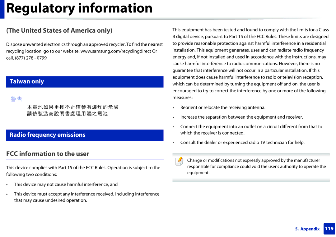 Samsung SCX-3405FW manual United States of America only, FCC information to the user, Taiwan only Radio frequency emissions 