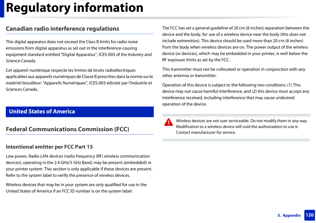 Samsung SCX3405FWXAC, SCX-3405FW manual Canadian radio interference regulations, Federal Communications Commission FCC 