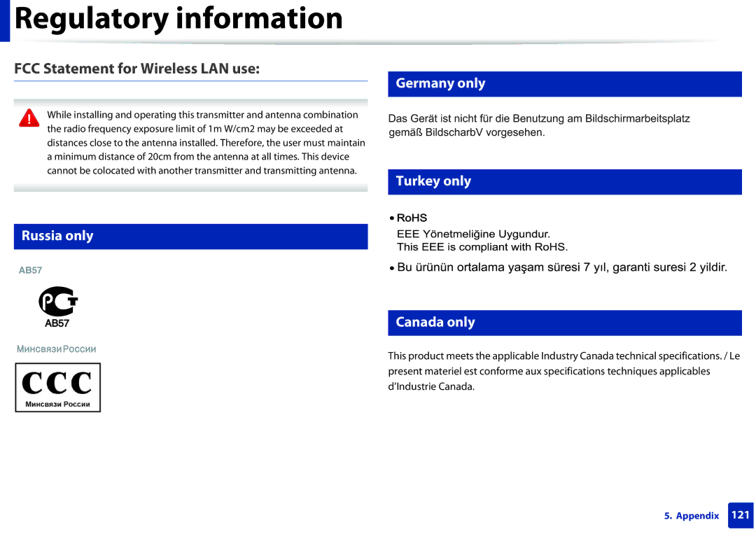 Samsung SCX-3405FW, SCX3405FWXAC manual FCC Statement for Wireless LAN use, Russia only Germany only Turkey only Canada only 