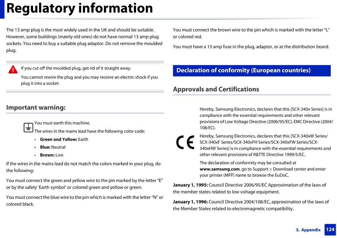 Samsung SCX3405FWXAC manual Important warning, Approvals and Certifications, Declaration of conformity European countries 