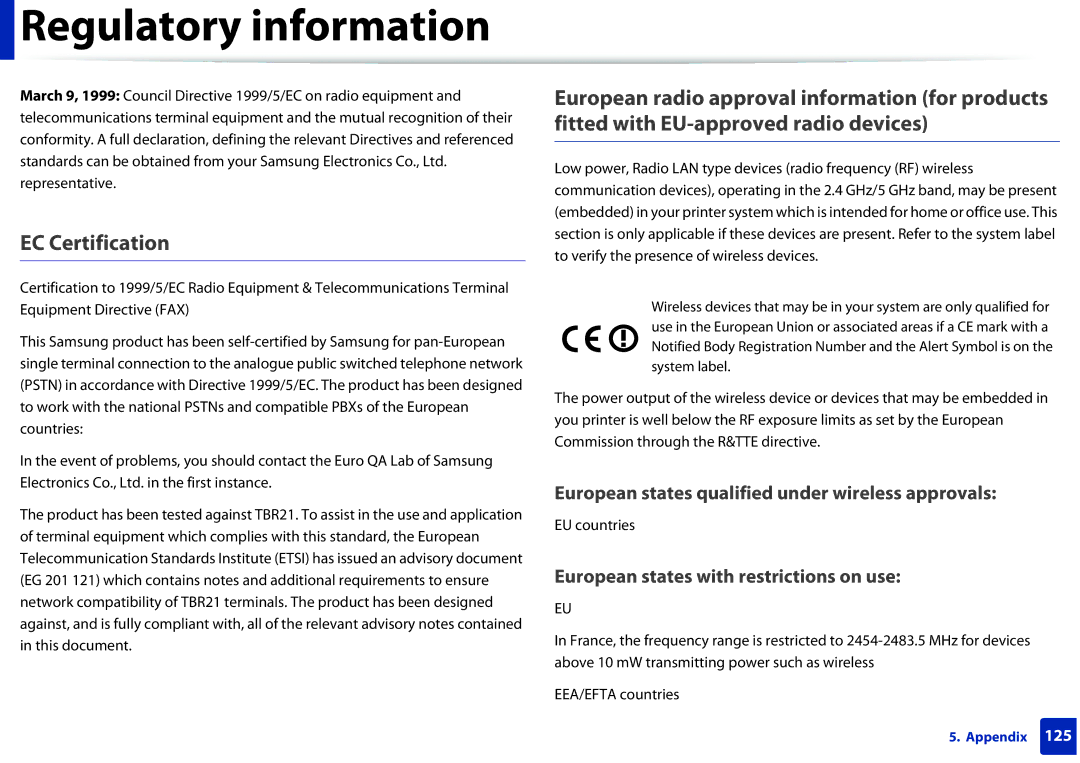 Samsung SCX-3405FW, SCX3405FWXAC manual EC Certification, EU countries 