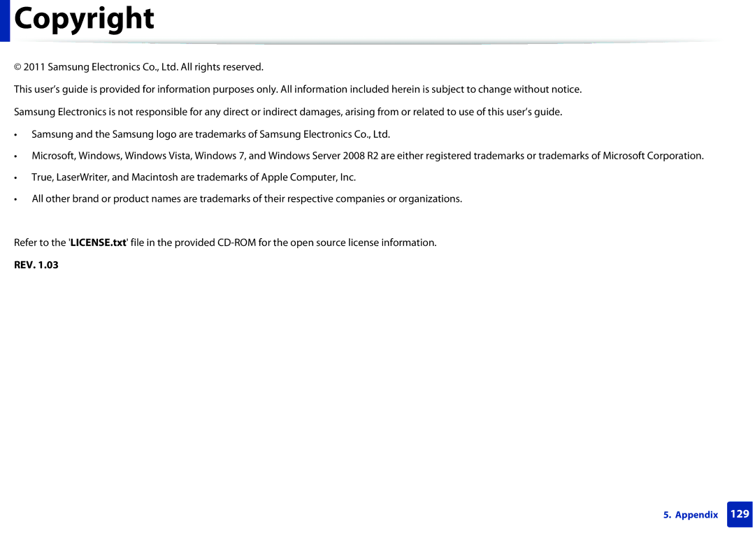 Samsung SCX-3405FW, SCX3405FWXAC manual Copyright, Rev 