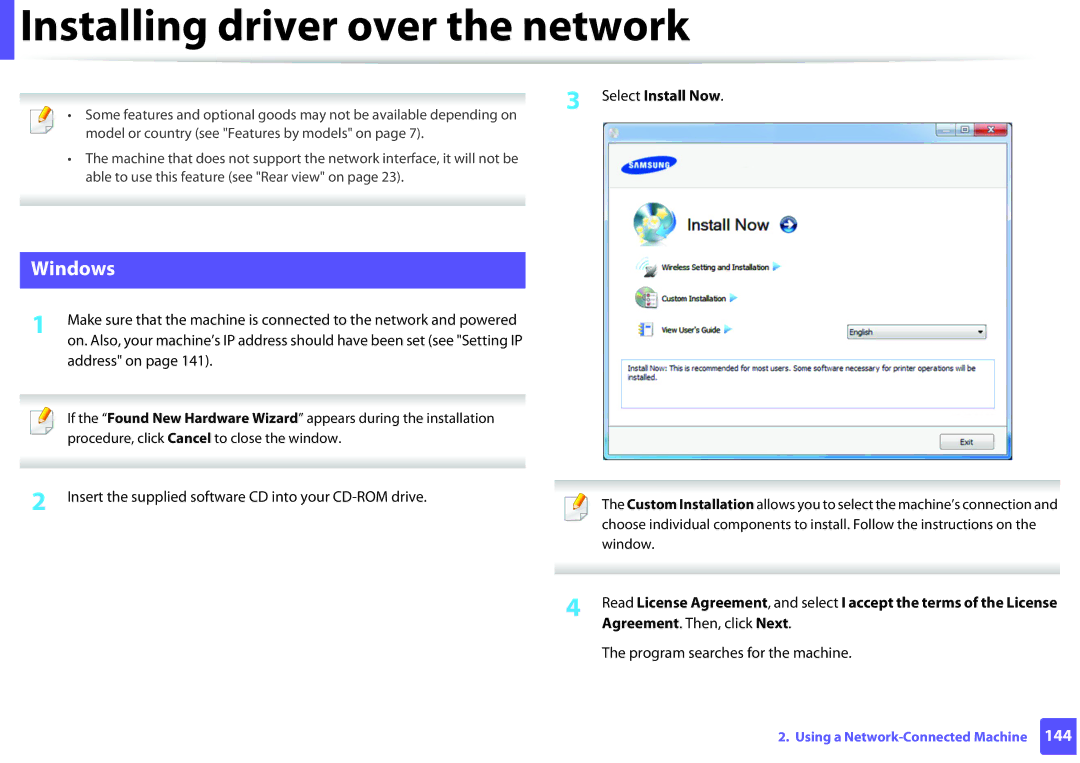 Samsung SCX3405FWXAC manual Installing driver over the network, Select Install Now, Address on, Agreement. Then, click Next 