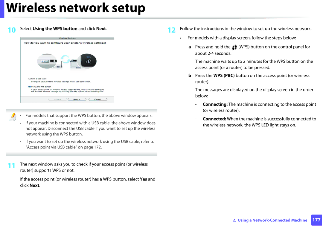 Samsung SCX-3405FW, SCX3405FWXAC manual Select Using the WPS button and click Next 