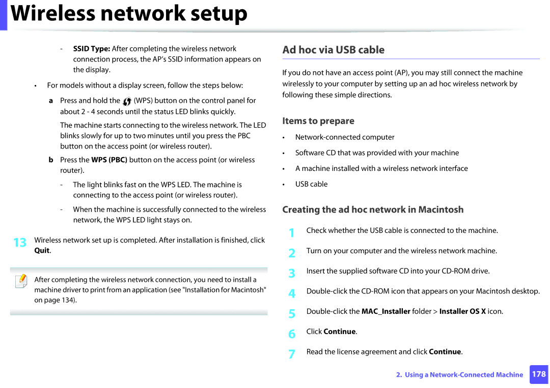 Samsung SCX3405FWXAC, SCX-3405FW Creating the ad hoc network in Macintosh, Read the license agreement and click Continue 