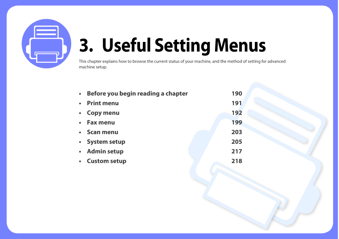 Samsung SCX-3405FW, SCX3405FWXAC manual Useful Setting Menus 