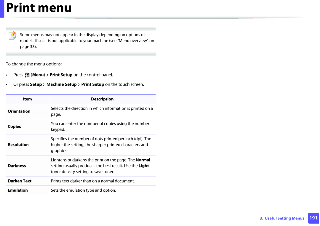 Samsung SCX-3405FW, SCX3405FWXAC manual Print menu, Orientation, Darken Text, Emulation 