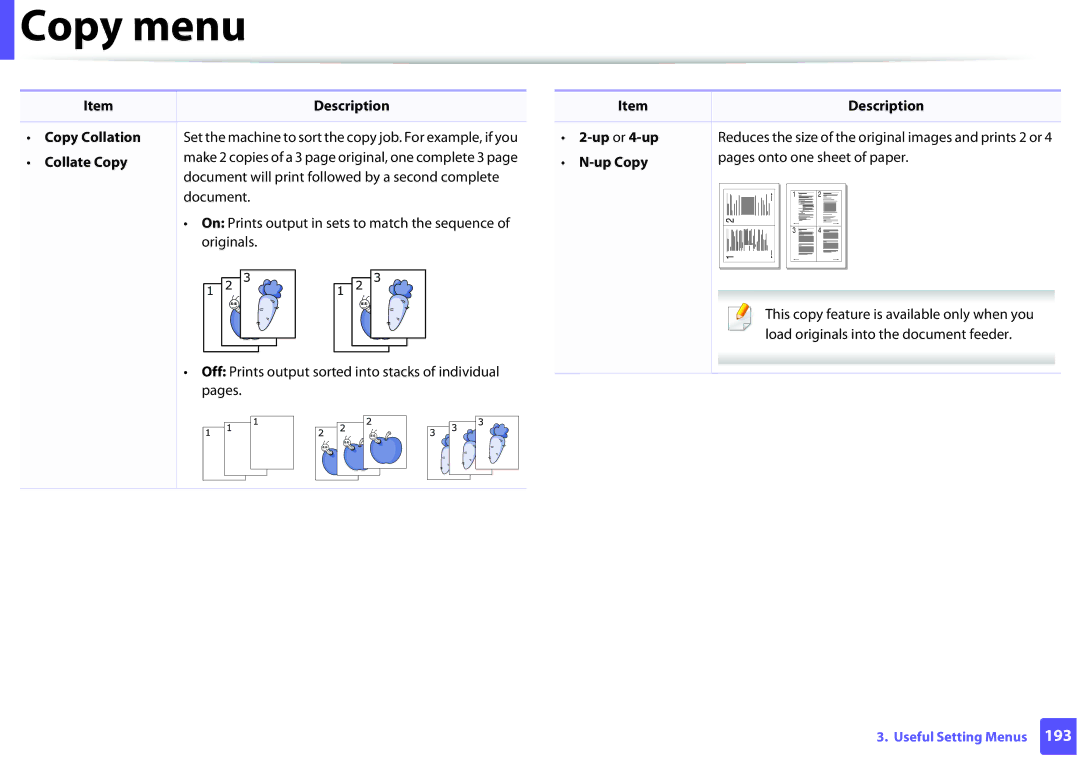 Samsung SCX-3405FW, SCX3405FWXAC manual Collate Copy, Up or 4-up, Pages onto one sheet of paper 