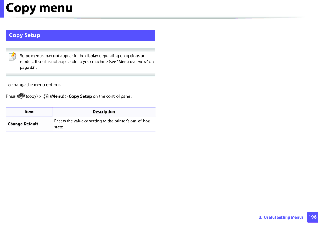 Samsung SCX3405FWXAC, SCX-3405FW manual Copy Setup, Change Default 