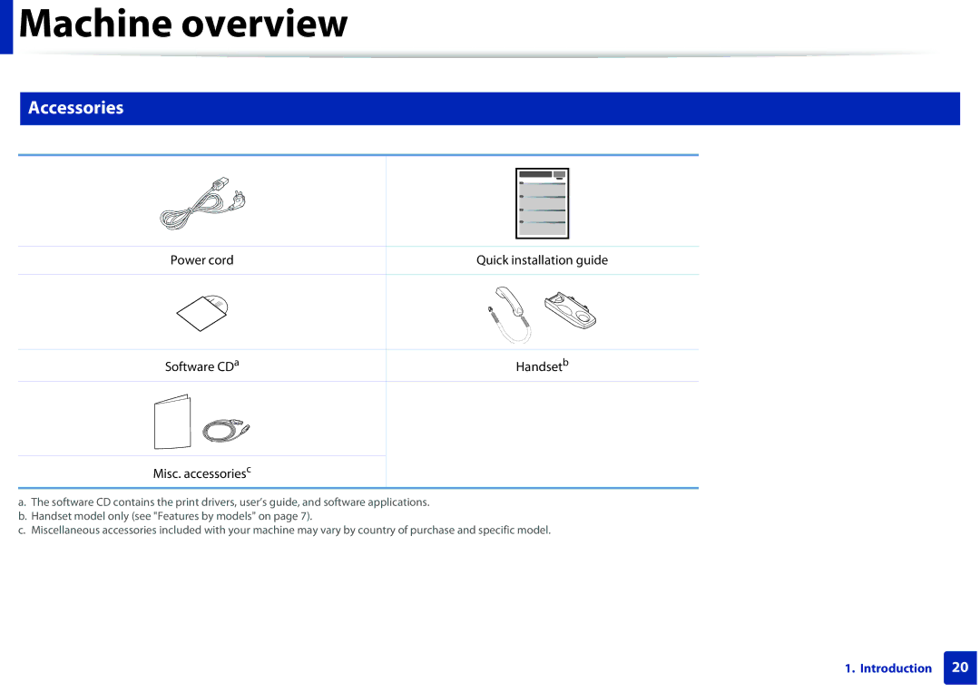 Samsung SCX3405FWXAC, SCX-3405FW manual Machine overview, Accessories 