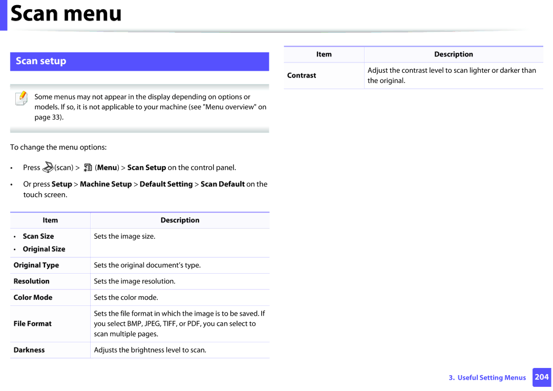 Samsung SCX3405FWXAC manual Scan setup, Scan Size Sets the image size Original Size Original Type, Color Mode, File Format 