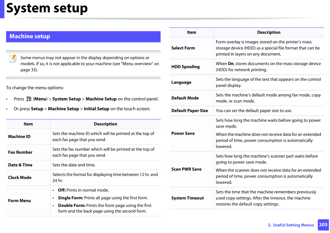 Samsung SCX-3405FW, SCX3405FWXAC manual System setup, Machine setup 