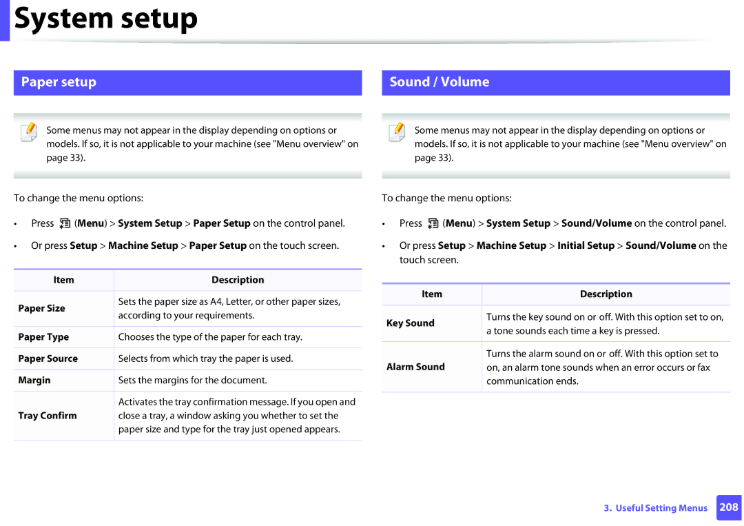Samsung SCX3405FWXAC, SCX-3405FW manual Paper setup Sound / Volume, Paper Source, Tray Confirm 