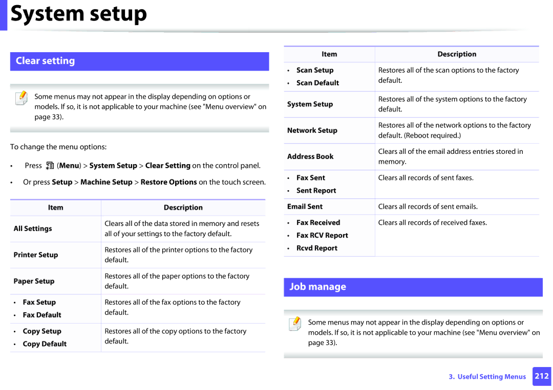 Samsung SCX3405FWXAC, SCX-3405FW manual Clear setting, Job manage 