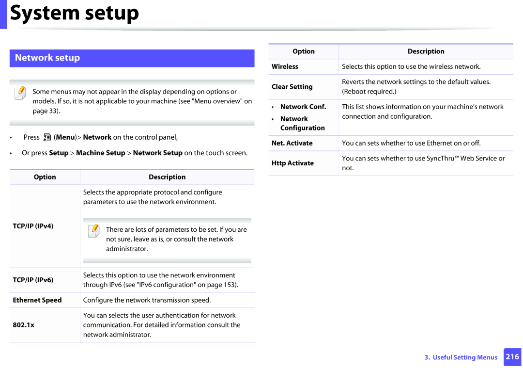 Samsung SCX3405FWXAC, SCX-3405FW manual Network setup, Press Menu Network on the control panel 