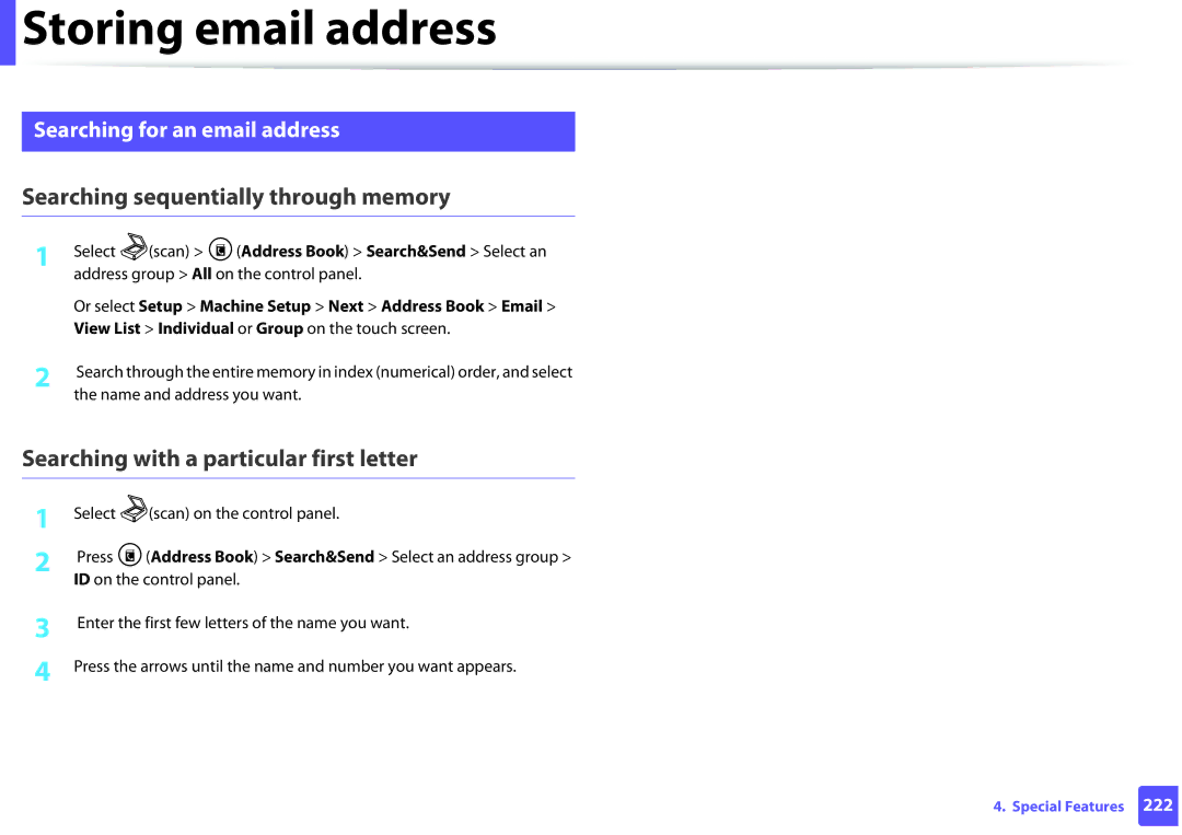 Samsung SCX3405FWXAC, SCX-3405FW manual Searching sequentially through memory, Searching with a particular first letter 