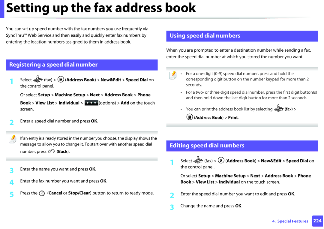 Samsung SCX3405FWXAC manual Setting up the fax address book, Using speed dial numbers, Registering a speed dial number 