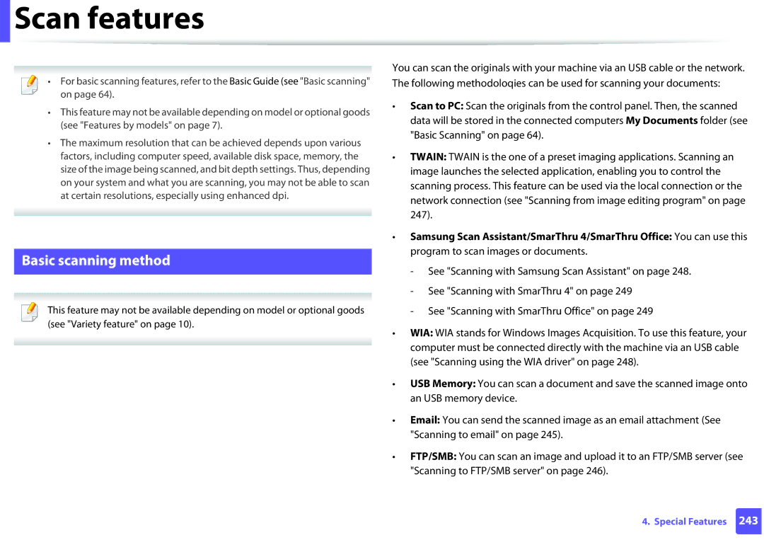 Samsung SCX-3405FW, SCX3405FWXAC manual Scan features, Basic scanning method 