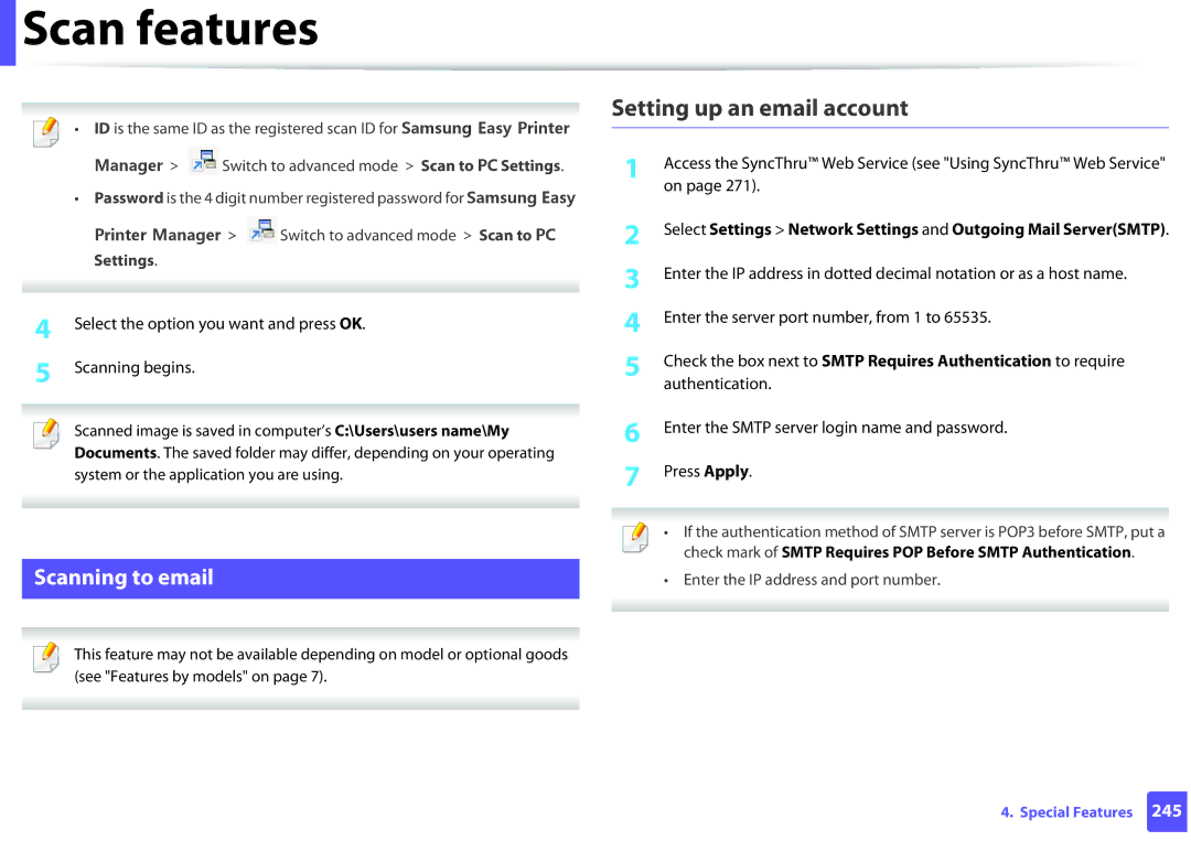 Samsung SCX-3405FW Setting up an email account, Scanning to email, Select the option you want and press OK Scanning begins 