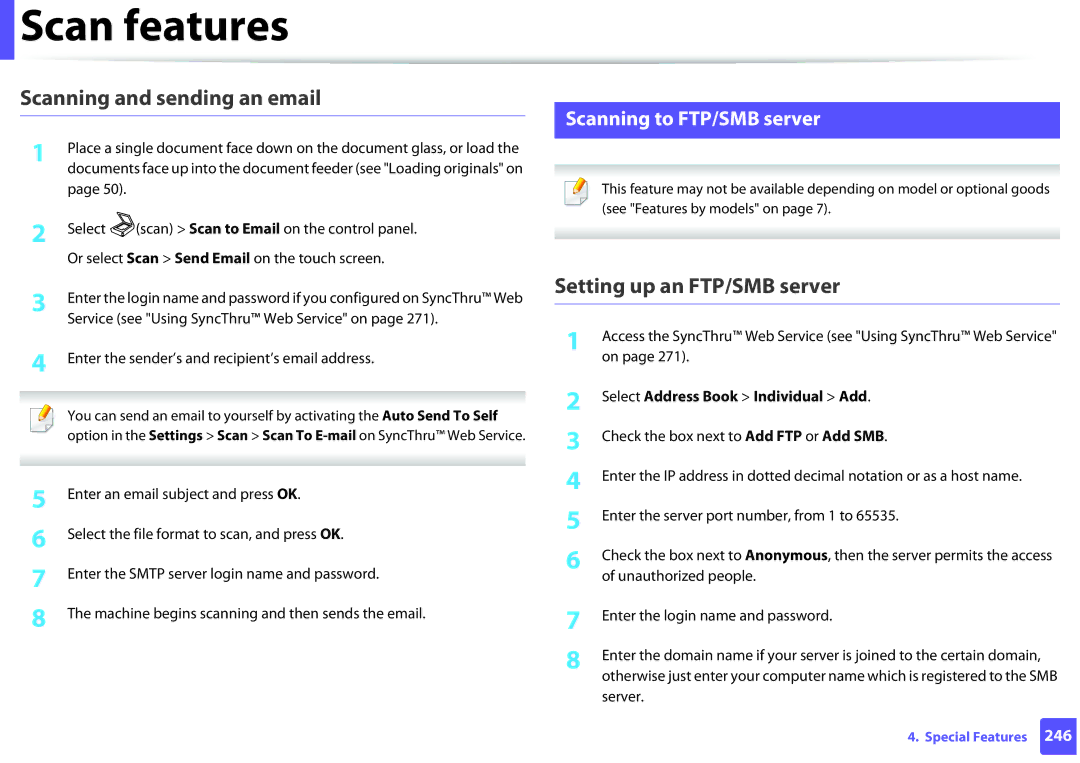 Samsung SCX3405FWXAC manual Scanning and sending an email, Setting up an FTP/SMB server, Scanning to FTP/SMB server, Server 