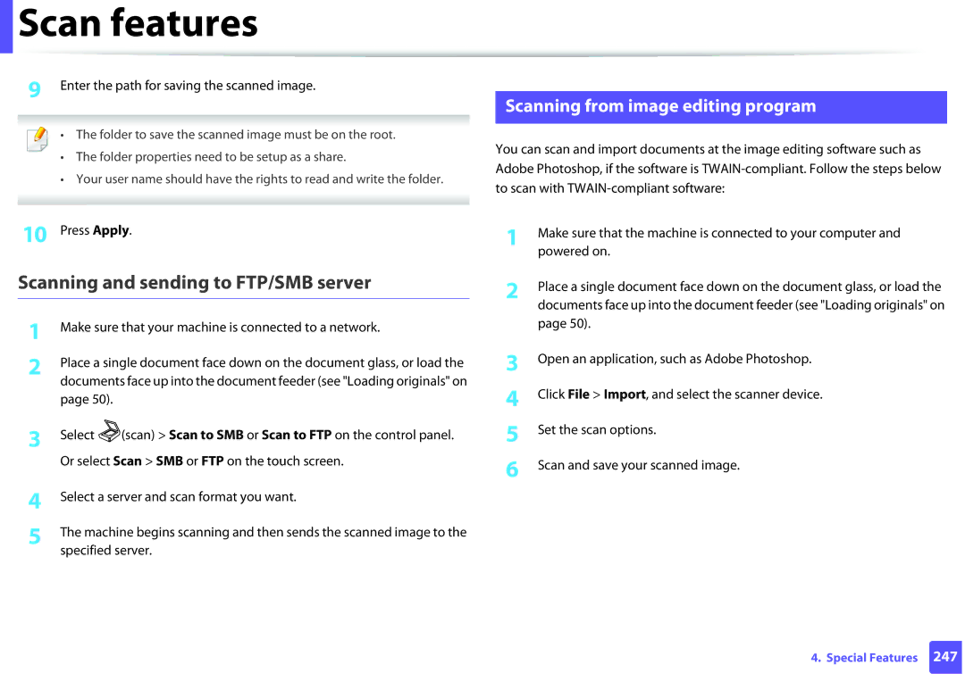 Samsung SCX-3405FW, SCX3405FWXAC manual Scanning and sending to FTP/SMB server, Scanning from image editing program 