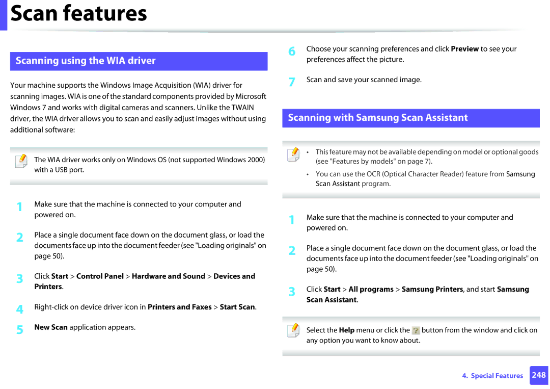 Samsung SCX3405FWXAC, SCX-3405FW manual Scanning using the WIA driver, Scanning with Samsung Scan Assistant 