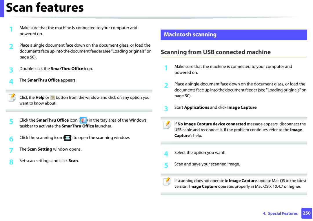 Samsung SCX3405FWXAC, SCX-3405FW manual Scanning from USB connected machine, Macintosh scanning, SmarThru Office appears 
