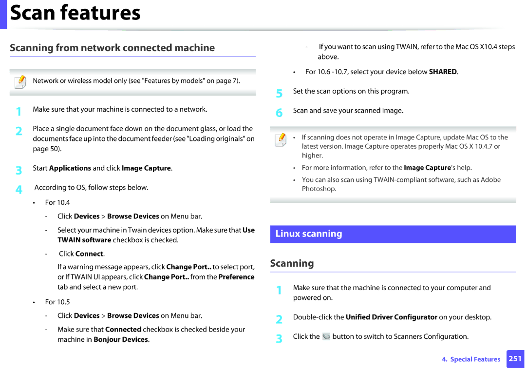 Samsung SCX-3405FW manual Scanning from network connected machine, Linux scanning, According to OS, follow steps below For 