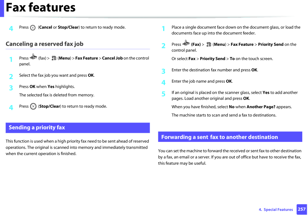 Samsung SCX-3405FW Canceling a reserved fax job, Sending a priority fax, Forwarding a sent fax to another destination 