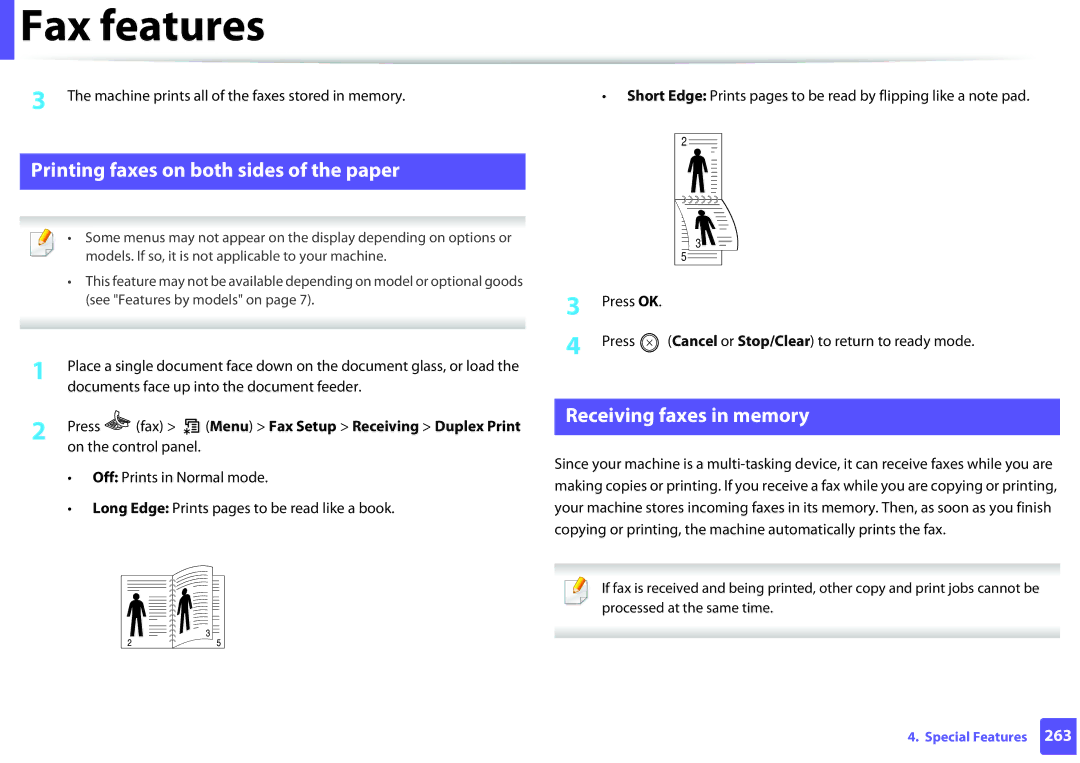 Samsung SCX-3405FW, SCX3405FWXAC manual Printing faxes on both sides of the paper, Receiving faxes in memory 