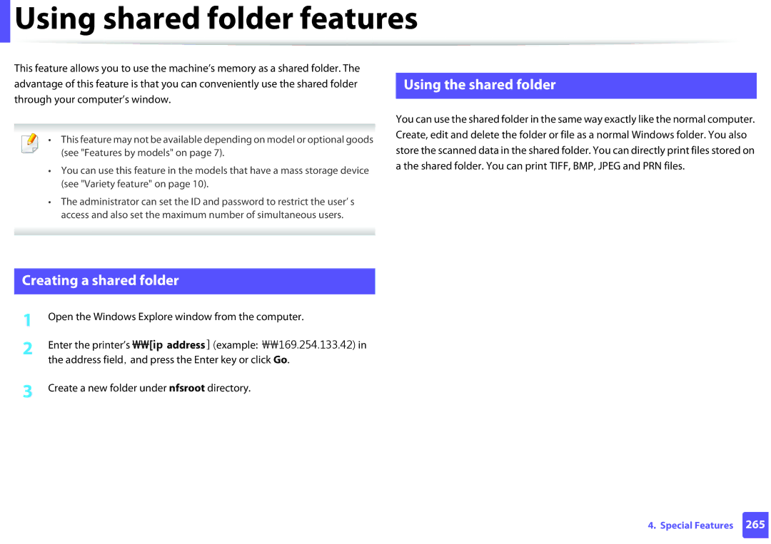 Samsung SCX-3405FW, SCX3405FWXAC manual Using shared folder features, Using the shared folder, Creating a shared folder 