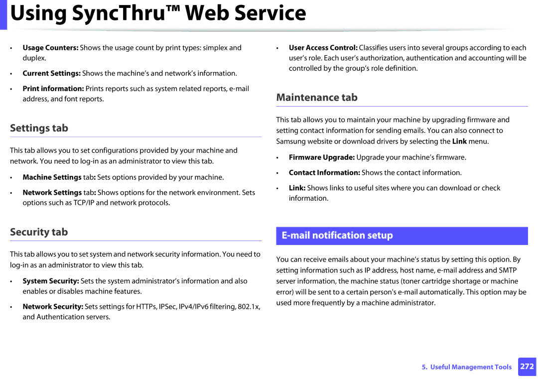 Samsung SCX3405FWXAC, SCX-3405FW manual Settings tab, Maintenance tab, Security tab, Mail notification setup 