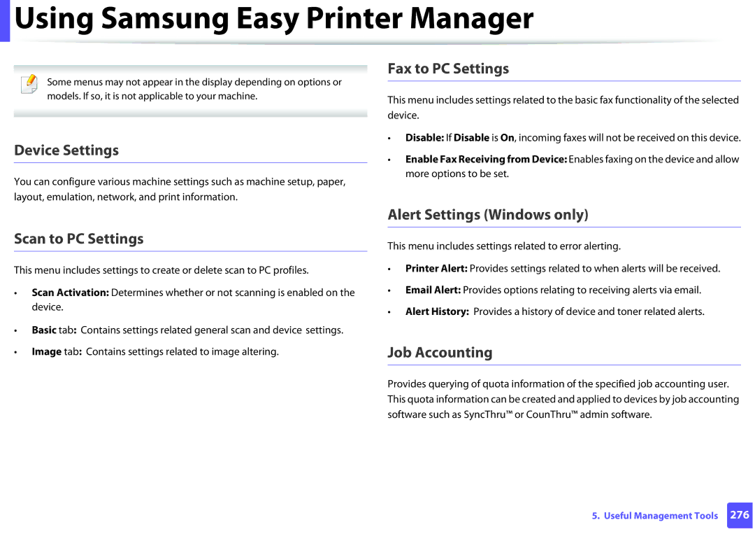 Samsung SCX3405FWXAC Fax to PC Settings, Device Settings, Scan to PC Settings, Alert Settings Windows only, Job Accounting 