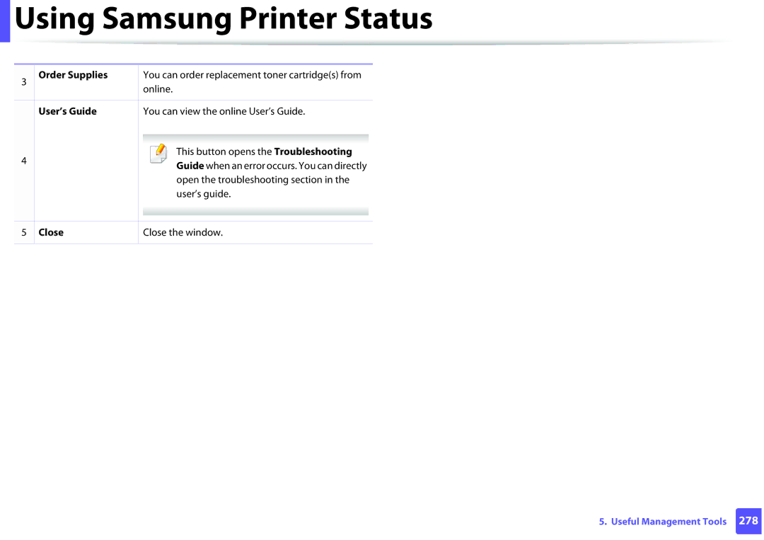 Samsung SCX3405FWXAC, SCX-3405FW manual Using Samsung Printer Status, Order Supplies, User’s Guide, Close 