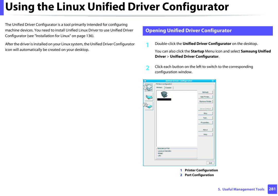 Samsung SCX-3405FW, SCX3405FWXAC manual Using the Linux Unified Driver Configurator, Opening Unified Driver Configurator 